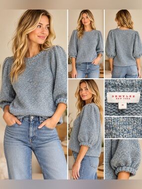 Demylee New York Merino Wool Alpaca Puff Sleeve Sweater Blue Gray M